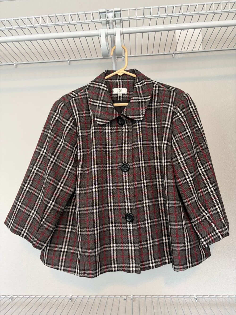 Studio Works Plaid Crop Swing Jacket Blazer Red Grey Black Size XL 3/4 Sleeve